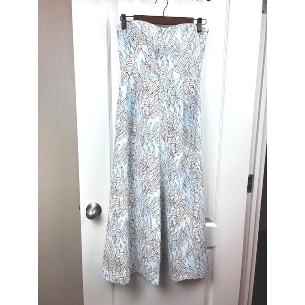 H&M Strapless Wide‎ Leg Jumpsuit Blue White Leaf Print Sweetheart Neckline 4